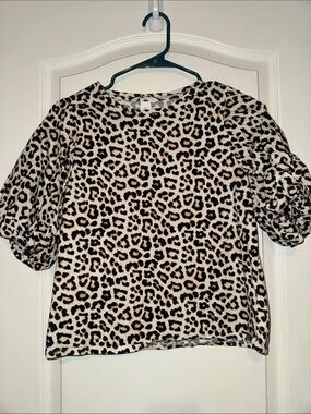 H&M Leopard Print Puff Sleeve Top - Beige/Black